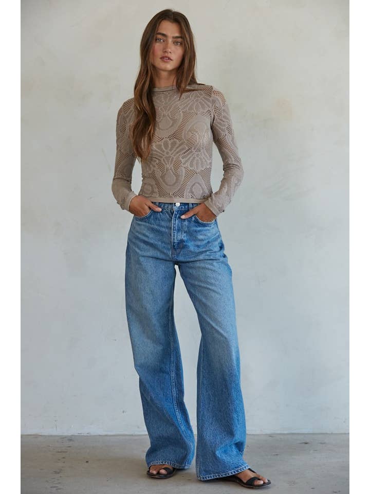 BY TOGETHER KNIT SEAMLESS JACQUARD MOCK NECK LONG SLEEVE TOP ASH MAUVE