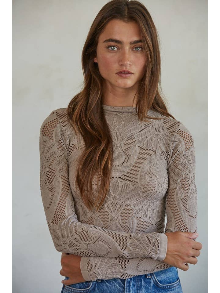 BY TOGETHER KNIT SEAMLESS JACQUARD MOCK NECK LONG SLEEVE TOP ASH MAUVE