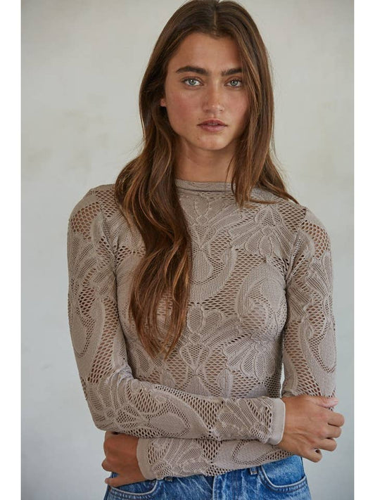 BY TOGETHER KNIT SEAMLESS JACQUARD MOCK NECK LONG SLEEVE TOP ASH MAUVE