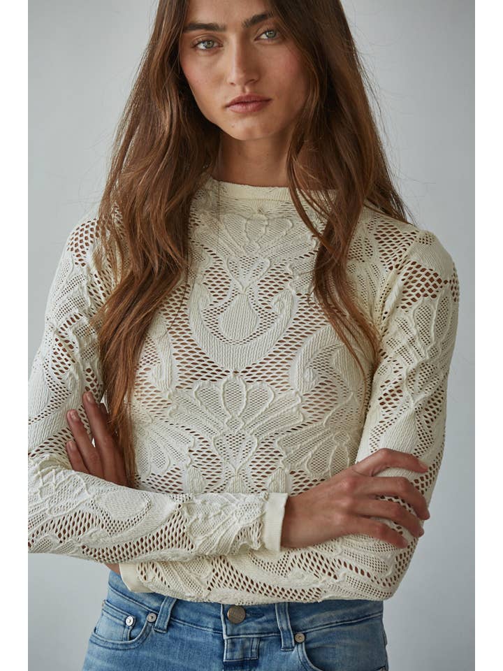 BY TOGETHER KNIT SEAMLESS JACQUARD MOCK NECK LONG SLEEVE TOP CREAM