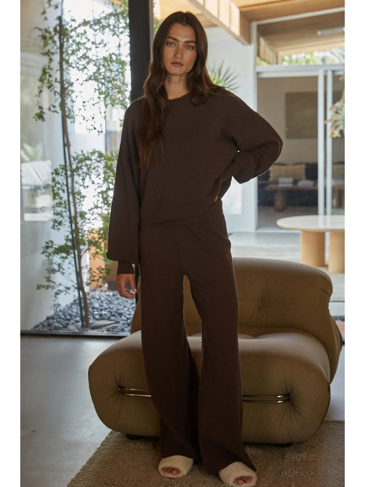 BY TOGETHER Knit Sweater Cotton Nylon Polyester Wide Leg Pants Brown