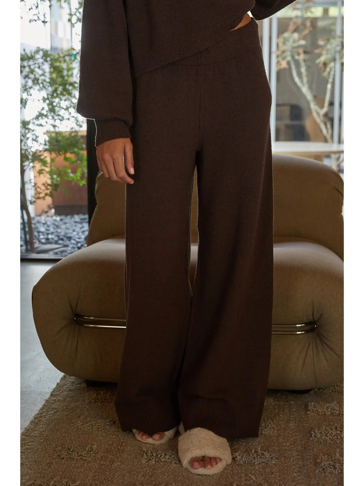 BY TOGETHER Knit Sweater Cotton Nylon Polyester Wide Leg Pants Brown