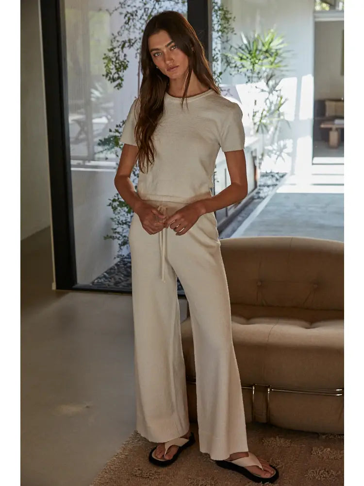 BY TOGETHER Knit Sweater Cotton Nylon Polyester Wide Leg Pants Ivory