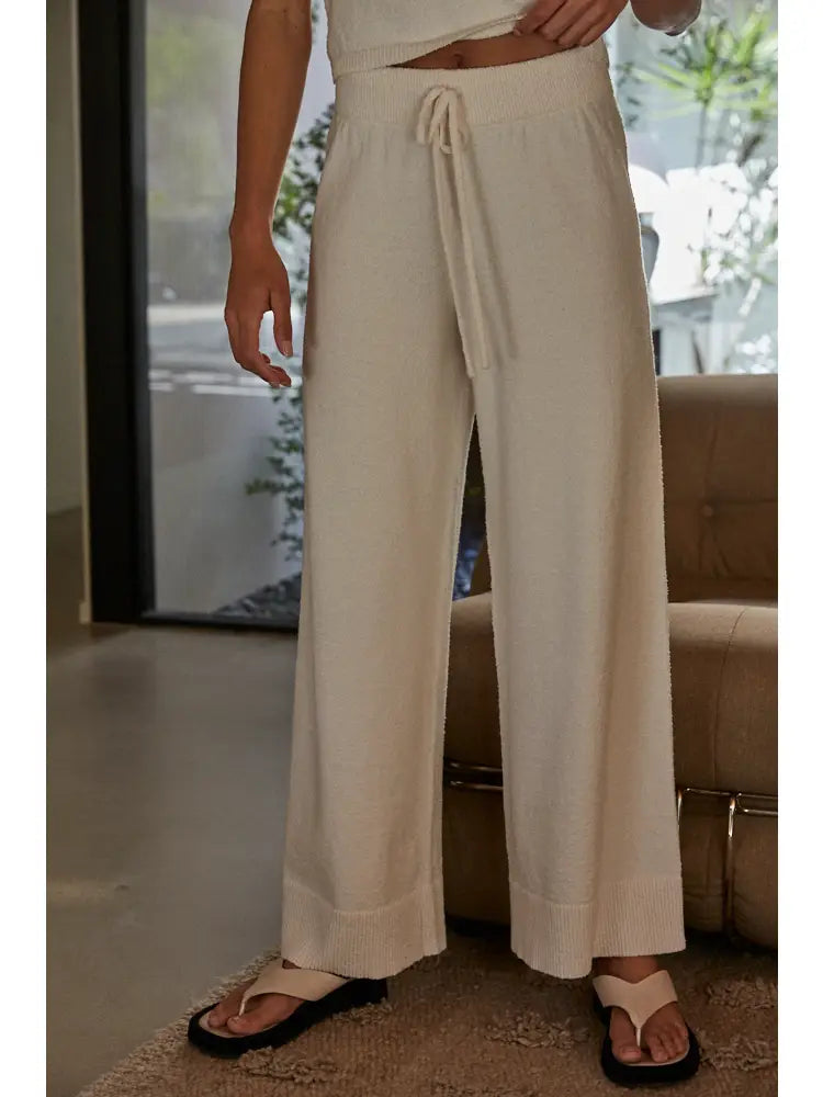 BY TOGETHER Knit Sweater Cotton Nylon Polyester Wide Leg Pants Ivory