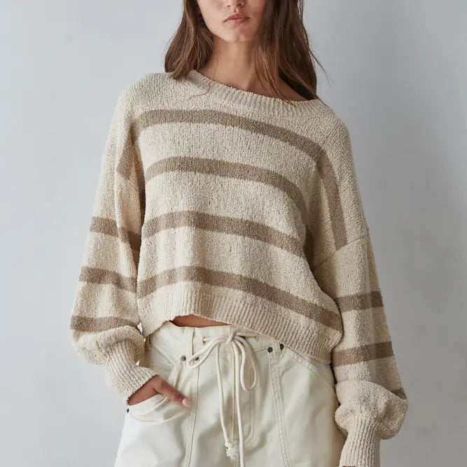 BY TOGETHER Knit Sweater Striped Crewneck Long Sleeve Top Natural / Mocha