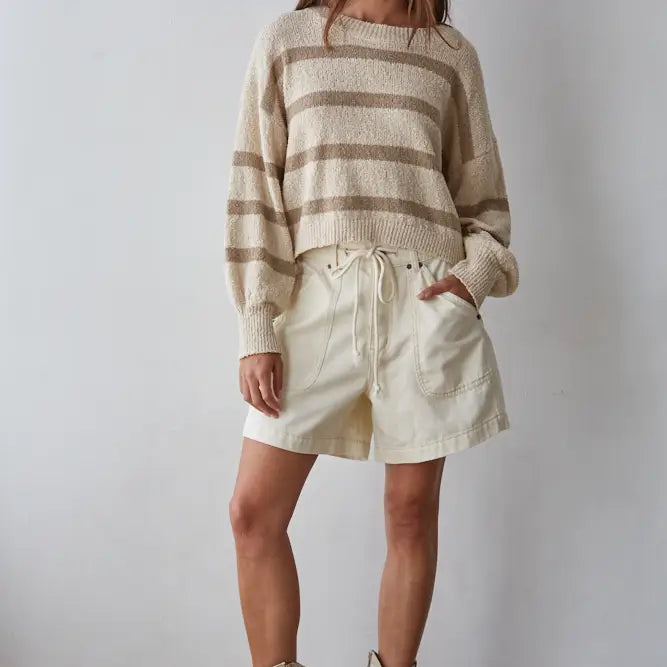BY TOGETHER Knit Sweater Striped Crewneck Long Sleeve Top Natural / Mocha
