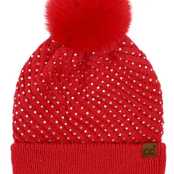 CC BEANIE &nbsp;C.C Allover Rhinestone Pom Beanie HOLIDAY RED
