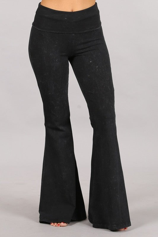 CHATOYANT MINERAL WASH BELL BOTTOM FOLD OVER WAIST PANT BLACK