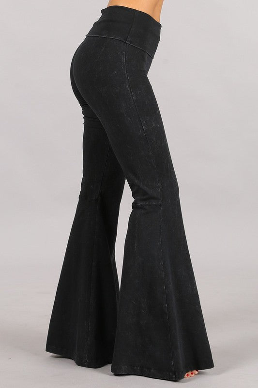 CHATOYANT MINERAL WASH BELL BOTTOM FOLD OVER WAIST PANT BLACK