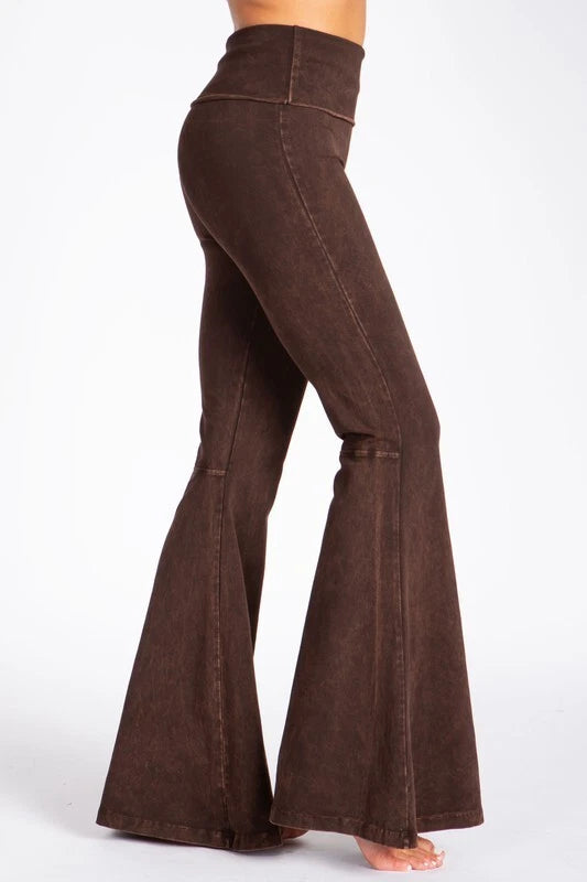 CHATOYANT MINERAL WASH BELL BOTTOM FOLD OVER WAIST PANT BROWN