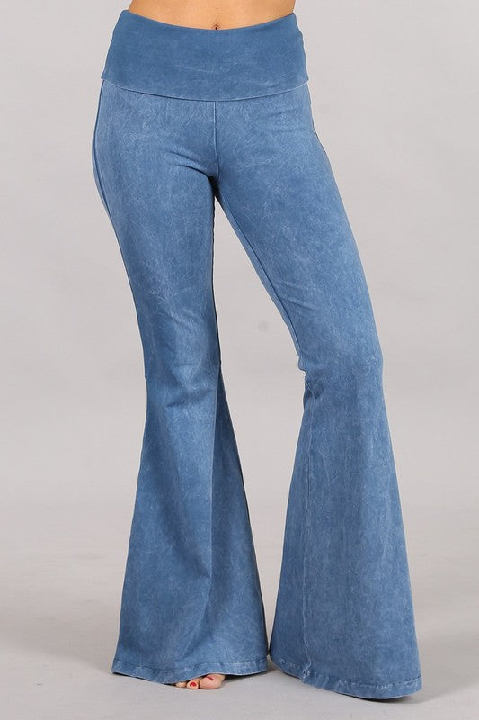 CHATOYANT MINERAL WASH BELL BOTTOM FOLD OVER WAIST PANT LIGHT DENIM