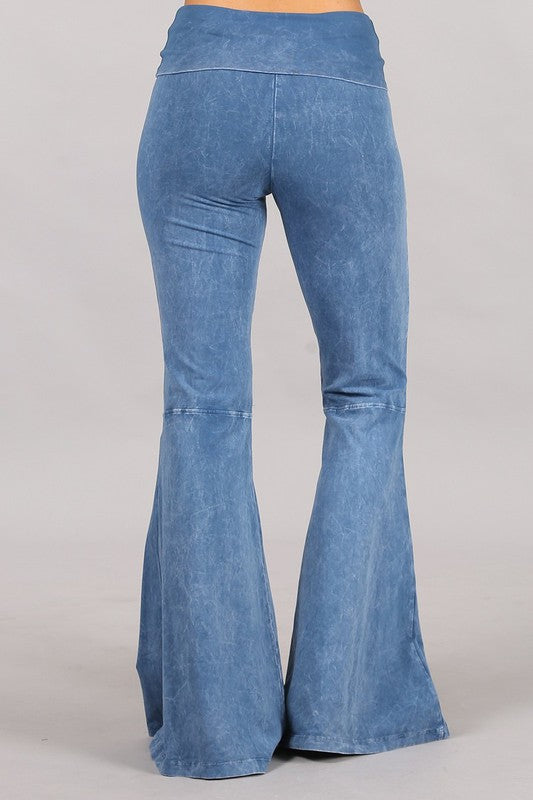CHATOYANT MINERAL WASH BELL BOTTOM FOLD OVER WAIST PANT LIGHT DENIM