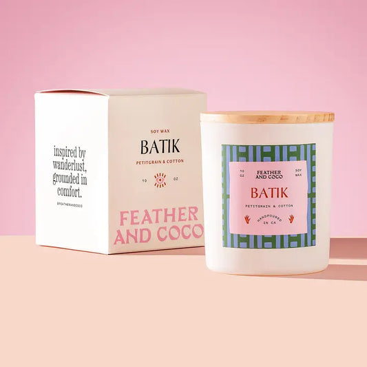 FEATHER AND COCO BATIK CANDLE 7 OUNCE