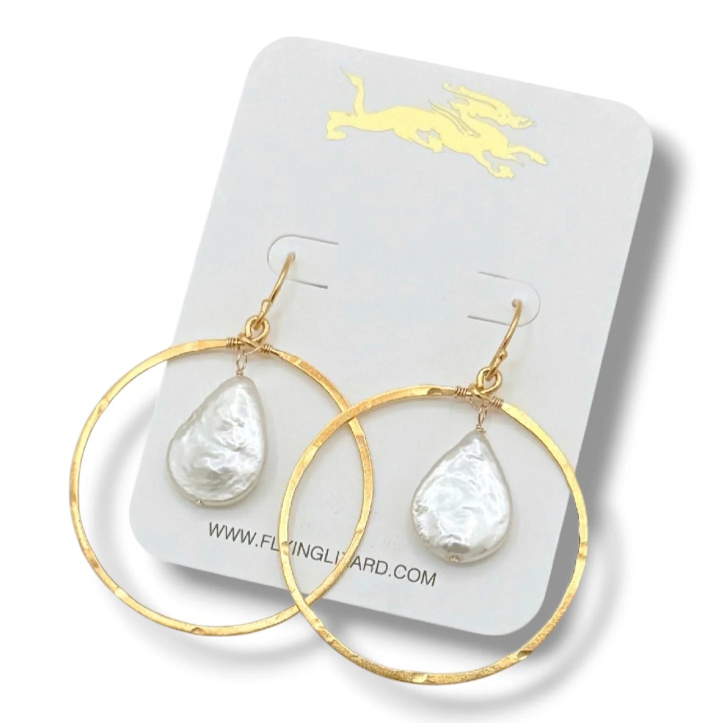 FLYING LIZARD DESIGN BLUSH PINK PEARL GOLD HOOP EARRINGS