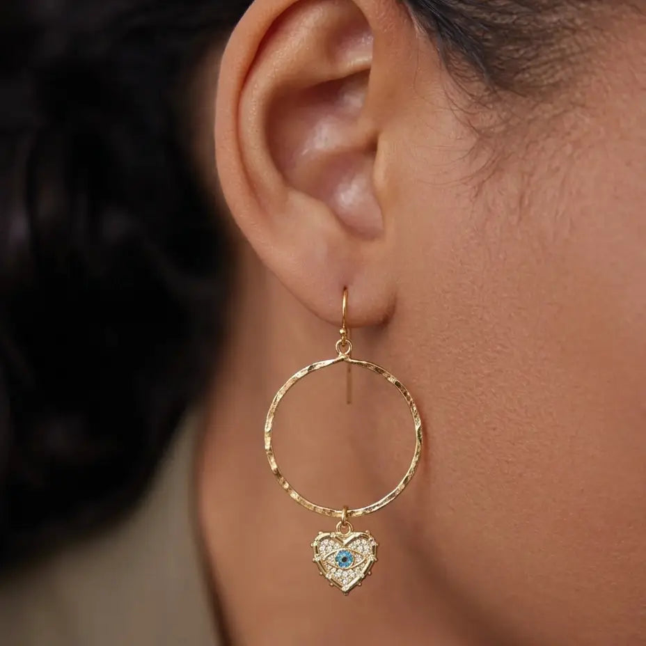 FLYING LIZARD DESIGN EVIL EYE HEART HOOP EARRINGS