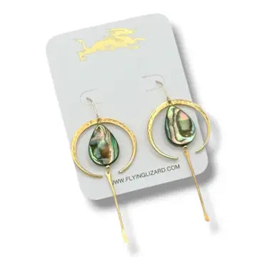 FLYING LIZARD DESIGN GOLD CRESCENT MOON WITH ABALONE TEARDROP 