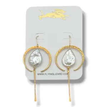 FLYING LIZARD DESIGN GOLD CRESCENT MOON WITH PEARL TEARDROP