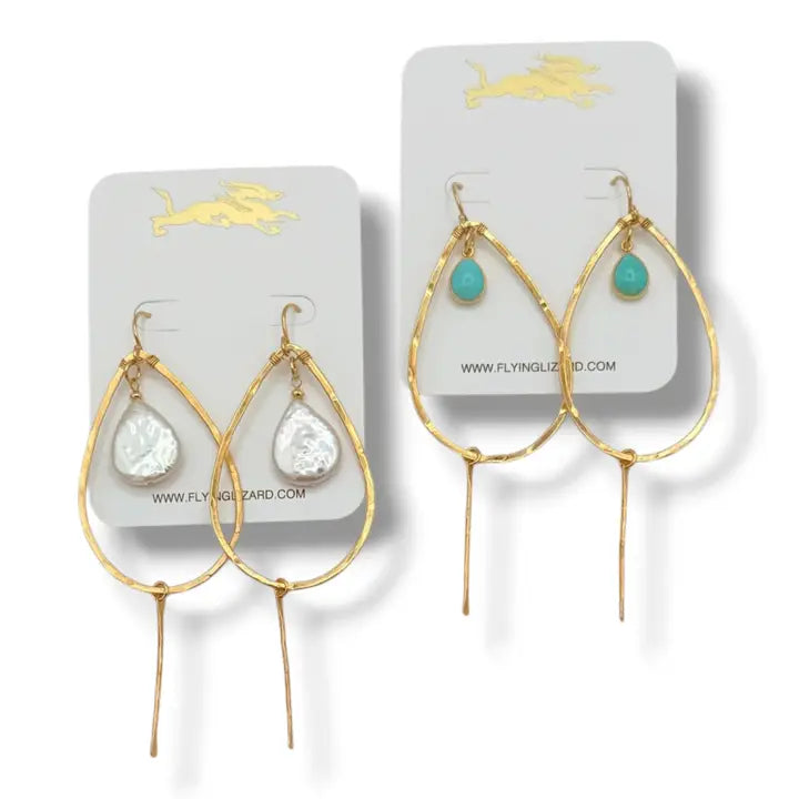 FLYING LIZARD DESIGN HAMMERED GOLD TEARDROP EARRINGS PEARL