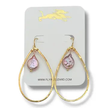 FLYING LIZARD DESIGN MINI HOOP DANGLE EARRINGS WITH PINK PEARL