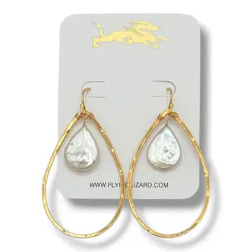 FLYING LIZARD DESIGN ORGANIC PEARL TEARDROP HOOP EARRINGS 