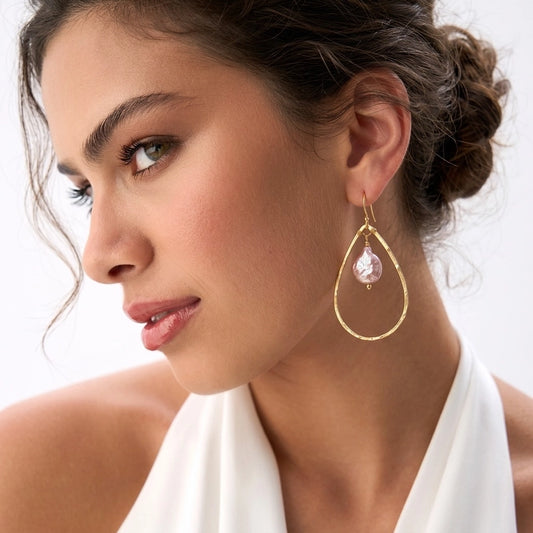 FLYING LIZARD DESIGN ORGANIC PINK PEARL TEARDROP HOOP EARRINGS