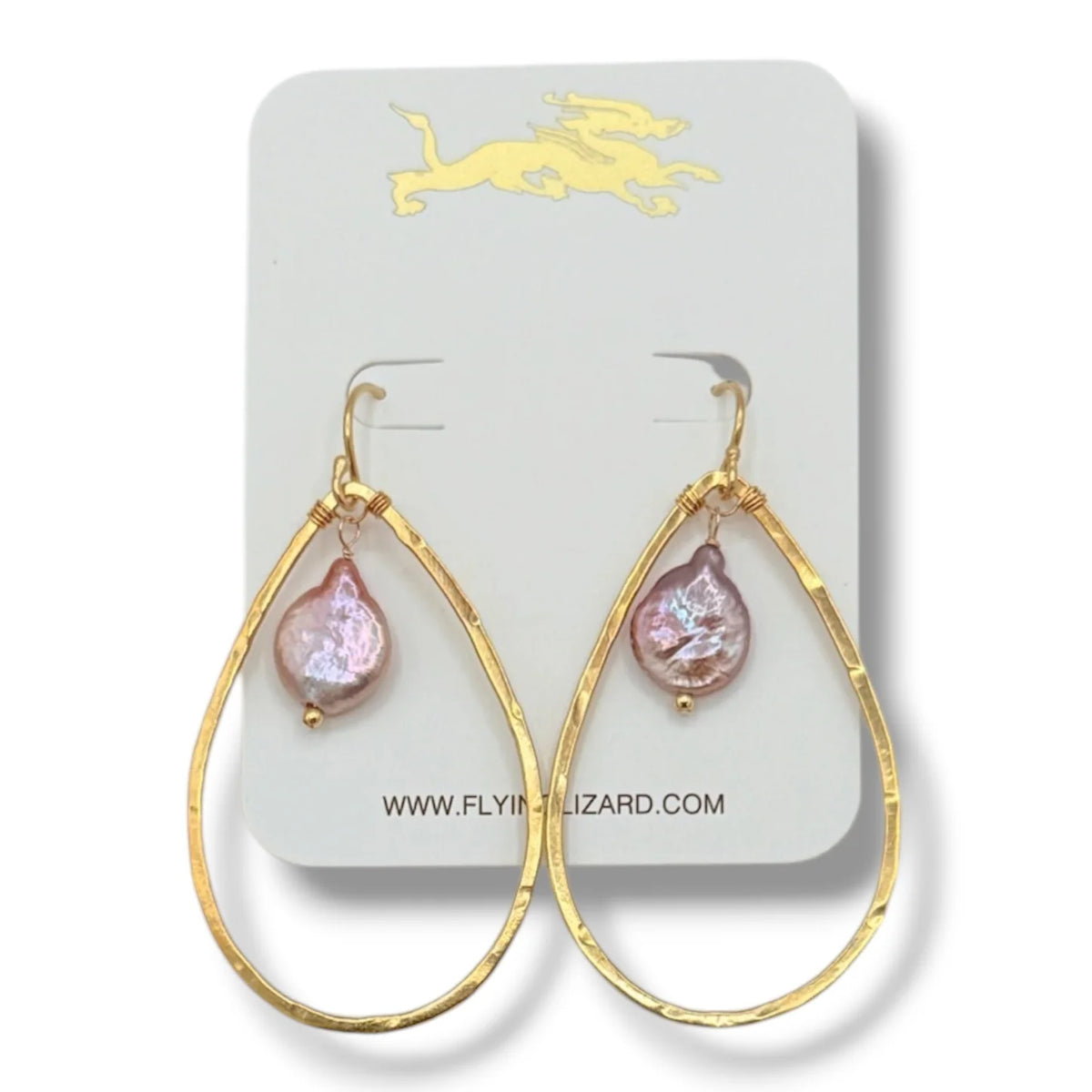 FLYING LIZARD DESIGN ORGANIC TEARDROP HOOP EARRING PINK PEARL 