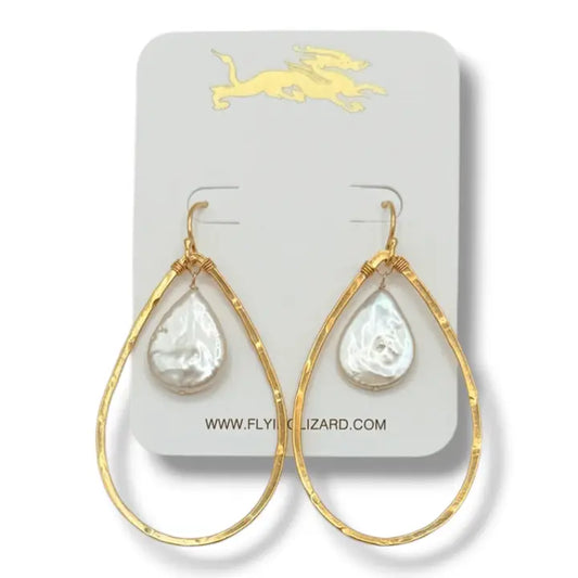 FLYING LIZARD DESIGN ORGANIC TEARDROP HOOP EARRING WHITE PEARL