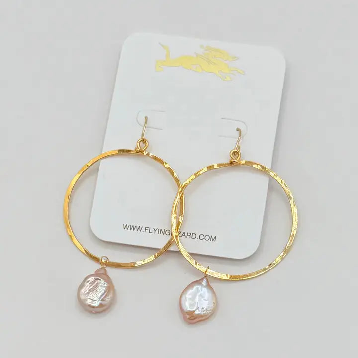 FLYING LIZARD DESIGN PINK BAROQUE PEARL HOOP EARRINGS