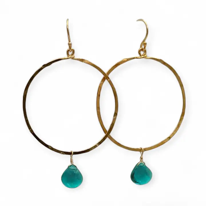 FLYING LIZARD DESIGN TEAL QUARTZ GREEN GOLD HOOP EARRINGS