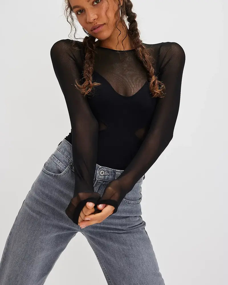 FREE PEOPLE ALL AN ILLUSION BODYSUIT BLACK