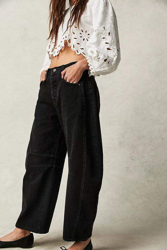 FREE PEOPLE GOOD LUCK MID RISE BARREL JEAN SOUNDWAVE
