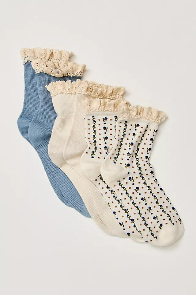 FREE PEOPLE RUFFLE SOCK PACK TURQOISE