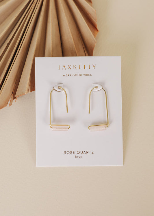 JAXKELLY DROP-ROSE QUARTZ-GOLD EARRINGS- LOVE