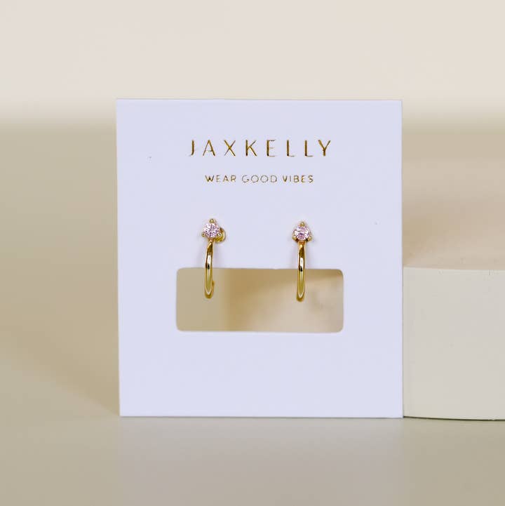 JAXKELLY OPEN MINI HOOP EARRINGS-PINK CZ