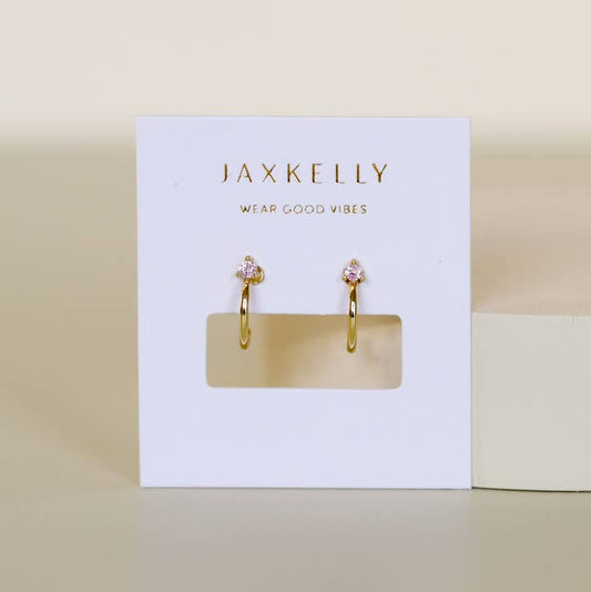 JAXKELLY OPEN MINI HOOP EARRINGS-PINK CZ