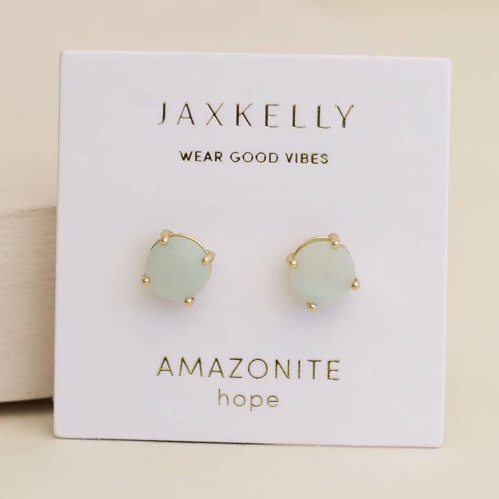 JAXKELLY ROUND AMAZONITE GEMSTONE GOLD EARRINGS