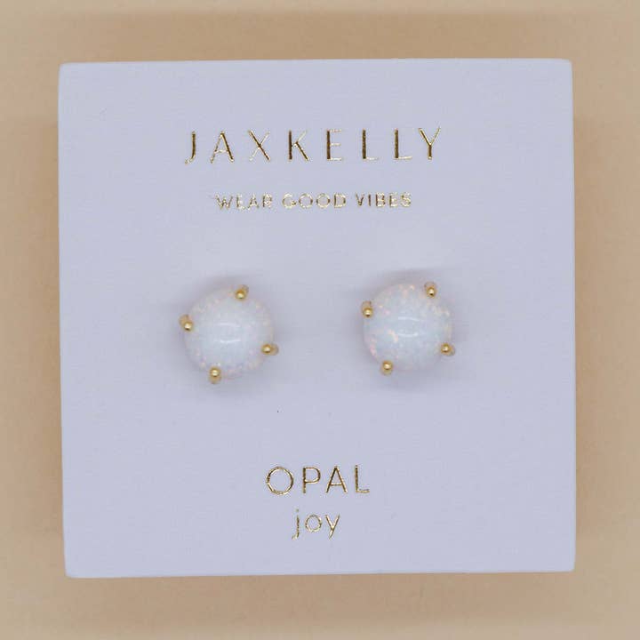 JAXKELLY ROUND WHITE OPAL GEMSTONE GOLD EARRINGS