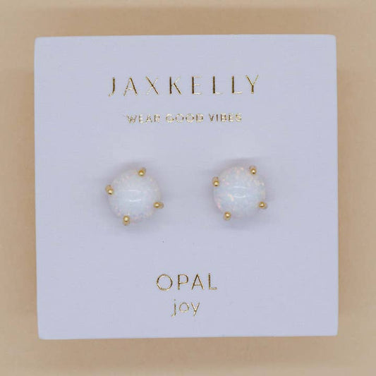 JAXKELLY ROUND WHITE OPAL GEMSTONE GOLD EARRINGS