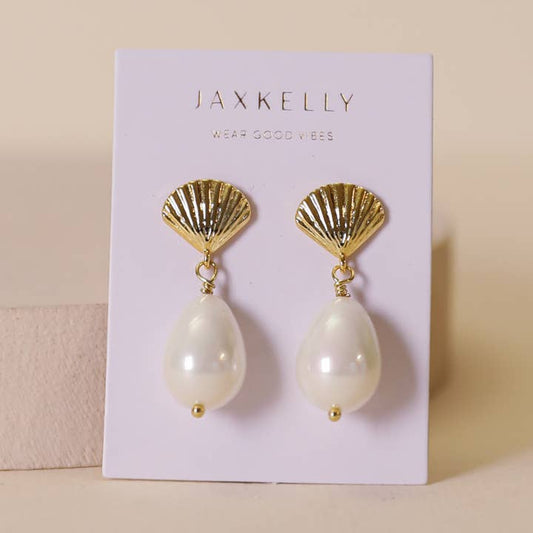 JAXKELLY Seashell Pearl Drop Gold Earrings