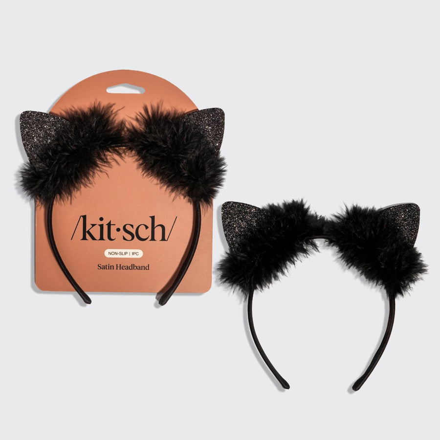 KITSCH Black Glitter Satin Cat Ears Headband