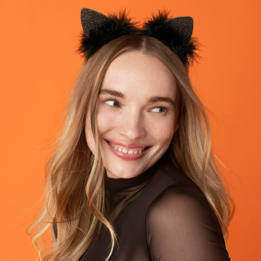 KITSCH Black Glitter Satin Cat Ears Headband