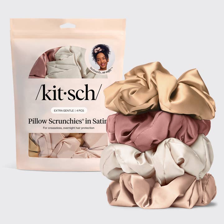 KITSCH Pillow Scrunchies In Satin 4pc- Blush