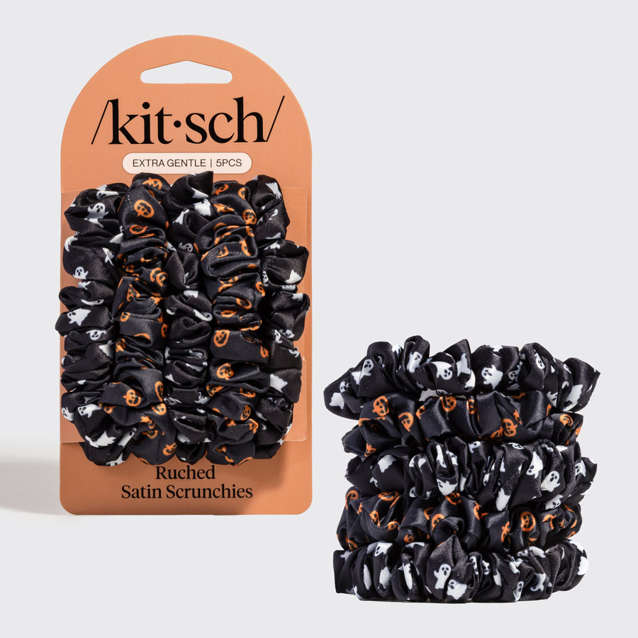 KITSCH Ruched Satin Scrunchies 5pc Set Ghosts & Pumpkins