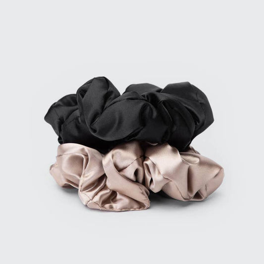 KITSCH SATIN PILLOW SCRUNCHIES 2 PC- BLACK & GOLD