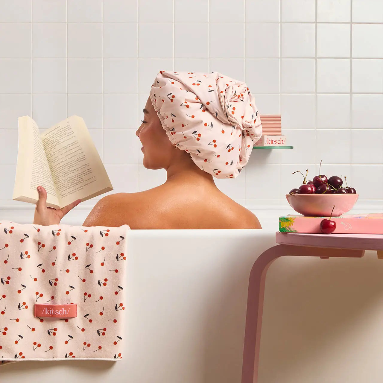 KITSCH Satin Lined Flexi Shower Cap Cherry Print