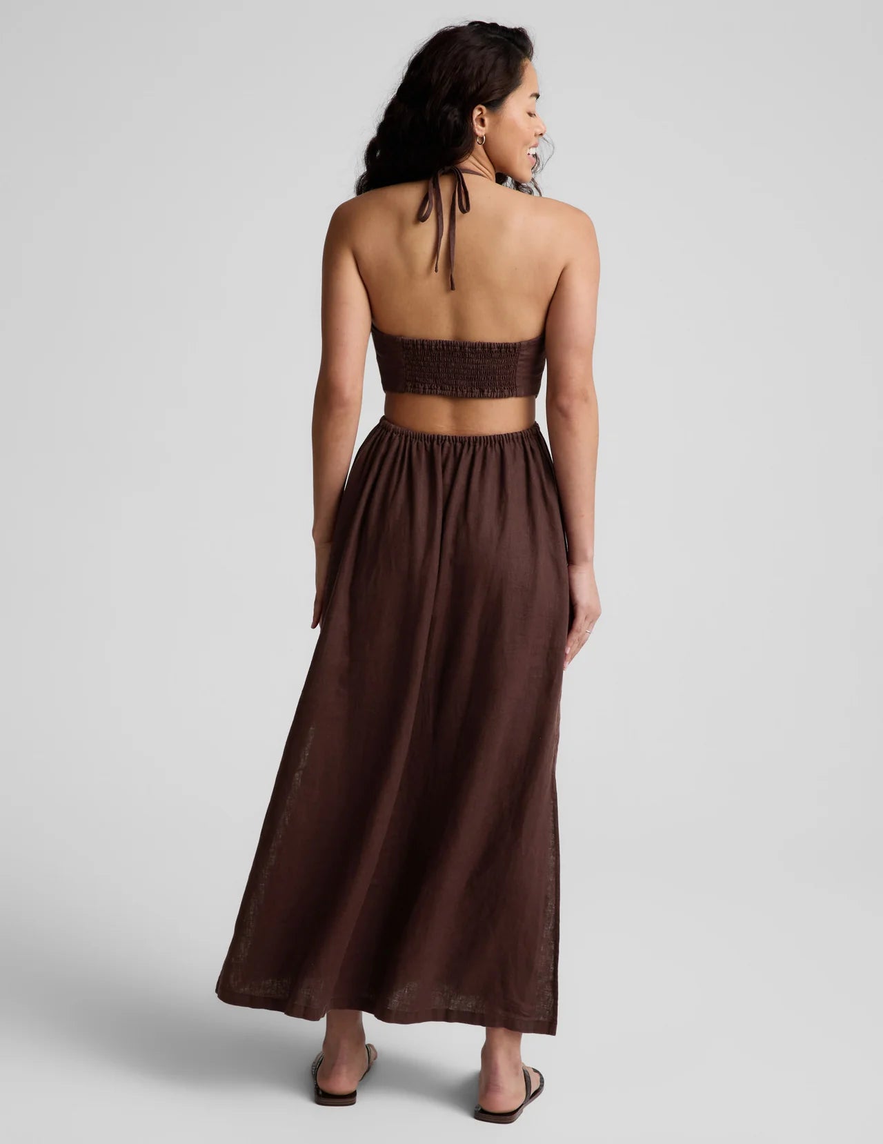 BEYOND YOGA SOFT WASH LINEN HALTER DRESS ICED MOCHA