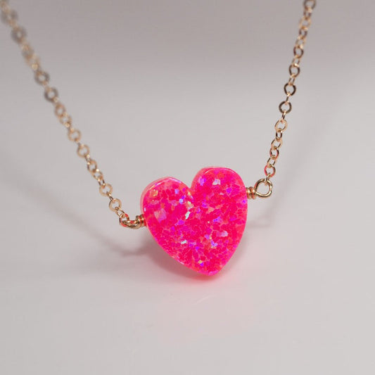 LESLIE FRANCESCA LARGE OPAL HEART NECKLACE PINK WITH GOLD CHAIN Media 