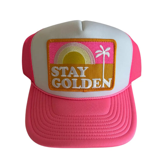 LOCAL BEACH STAY GOLDEN TRUCKER HAT PINK