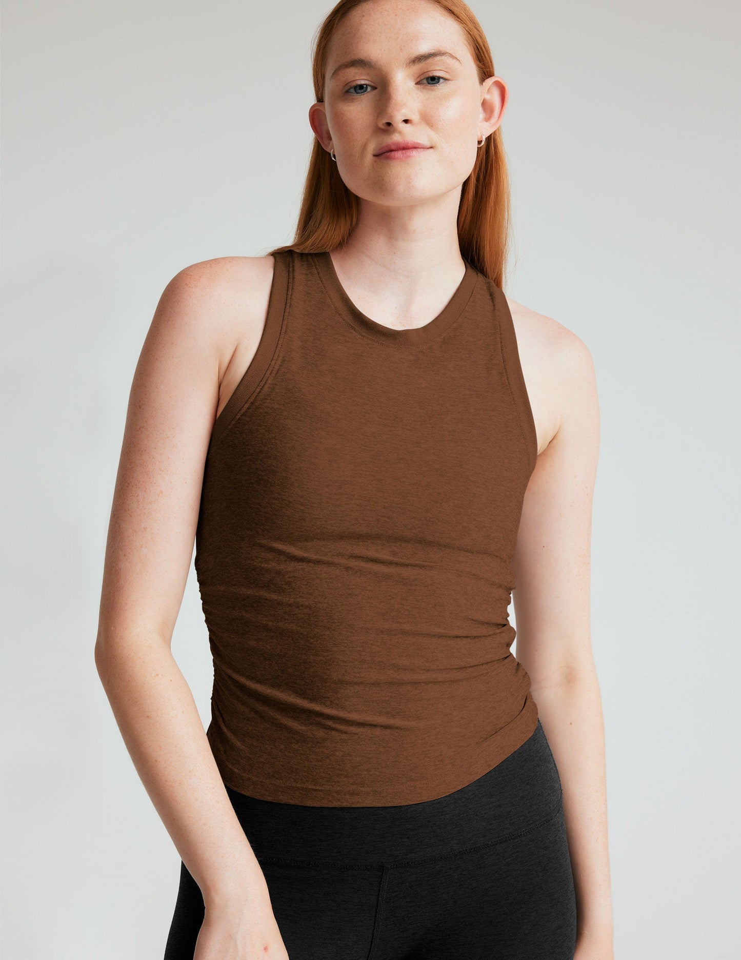 BEYOND YOGA FEATHERWEIGHT YOUR FIT SHIRRED TANK BOLD MOCHA HEATHER