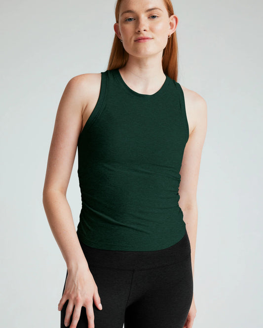 BEYOND YOGA FEATHERWEIGHT YOUR FIT SHIRRED TANK DARK SPRUCE GREEN HEATHER